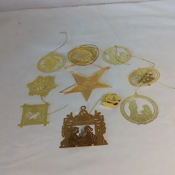 10 Gold Tone Christmas Tree Ornament Lot Die Cut Brass Vintage - Picture 13 of 16